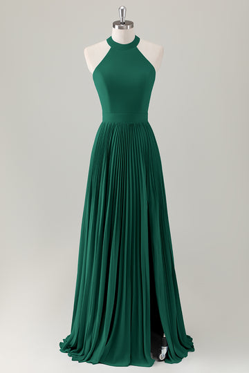 Vestido de dama de honor largo halter azul grisáceo con abertura